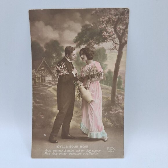 Idylle Sous Bois Antique Postcard Lover Scene French Writing Sentimental Wedding - Picture 9 of 9